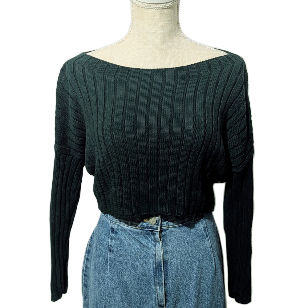 Dark Green Express Boat Neck Long Sleeved Cropped Ribbed Knit Sweater Size XS